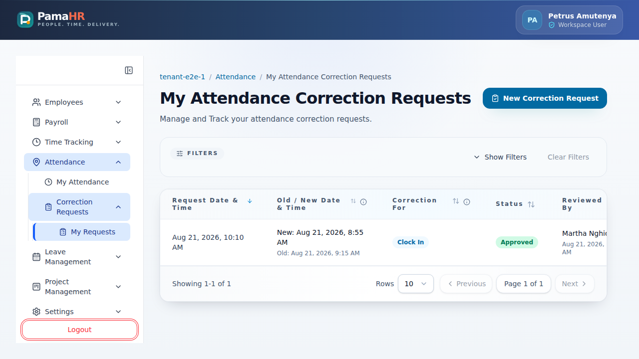 PamaHR employee attendance correction requests