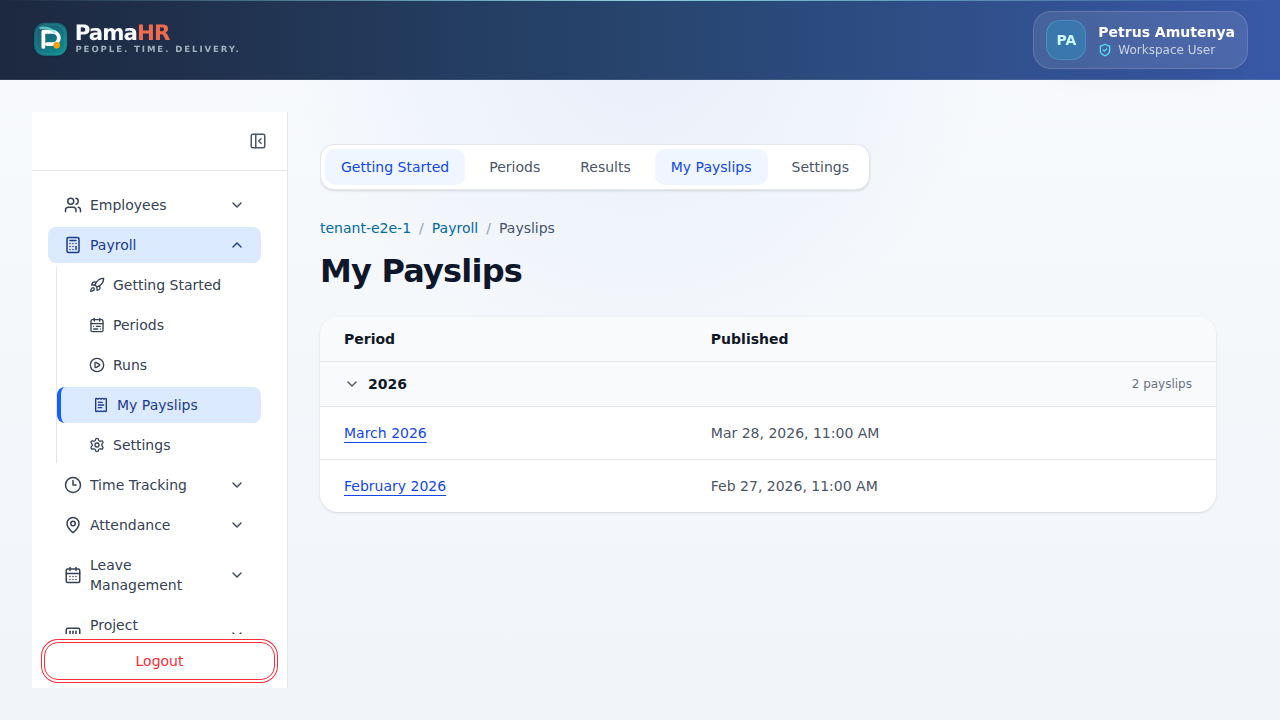 PamaHR employee view of published payslips