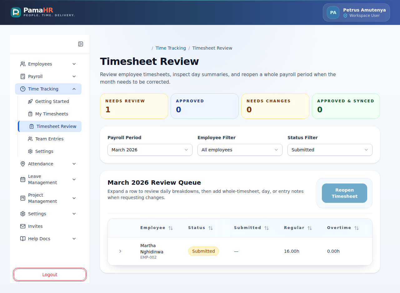 PamaHR timesheet review